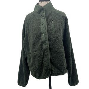 Victorias Secret PINK Jacket Medium Dark Green Sherpa Snap Buttons Pockets